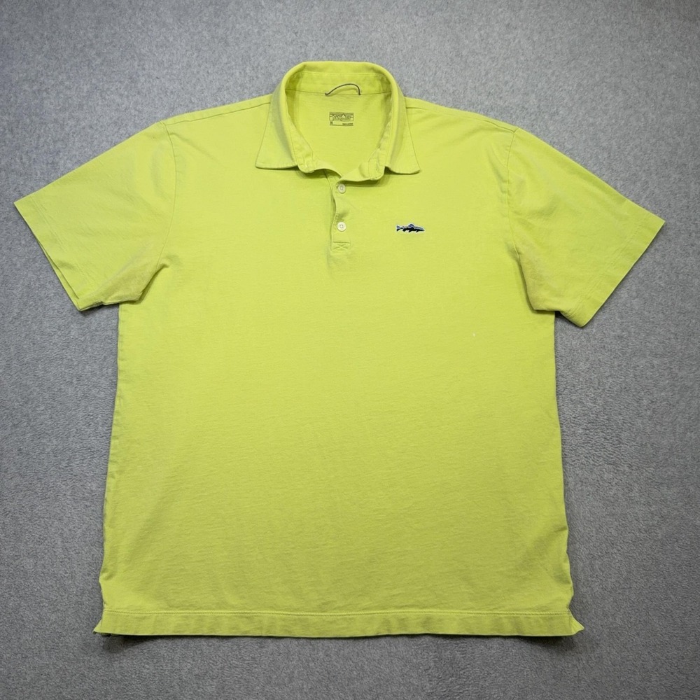 Patagonia Trout Fitz Roy Polo Shirt Mens Medium Bright Green Organic Cotton